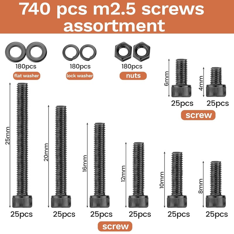 Hapric 740 Pcs M2.5 Screws Kit M2.5 Screw Assortment Nuts and Bolts Assortment Kit Metric Machine Screw Kit, 12.9 Alloy Steel Black Zinc Plated Hex Socket Head Screws Nuts Bolts and Washers Set - Image 2